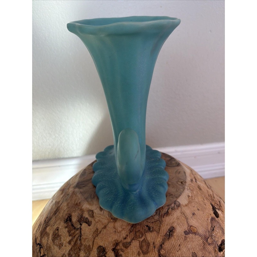 Antique Van Briggle Cornucopia Vase‎ Matte Turquoise Colorado Springs 8 Inch - Picture 5 of 9